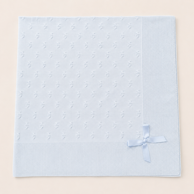 Blue Knit Baby Blanket with Satin Bow