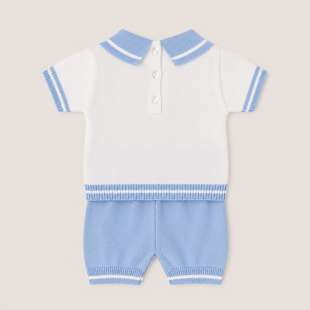 Blue and white knit polo short set