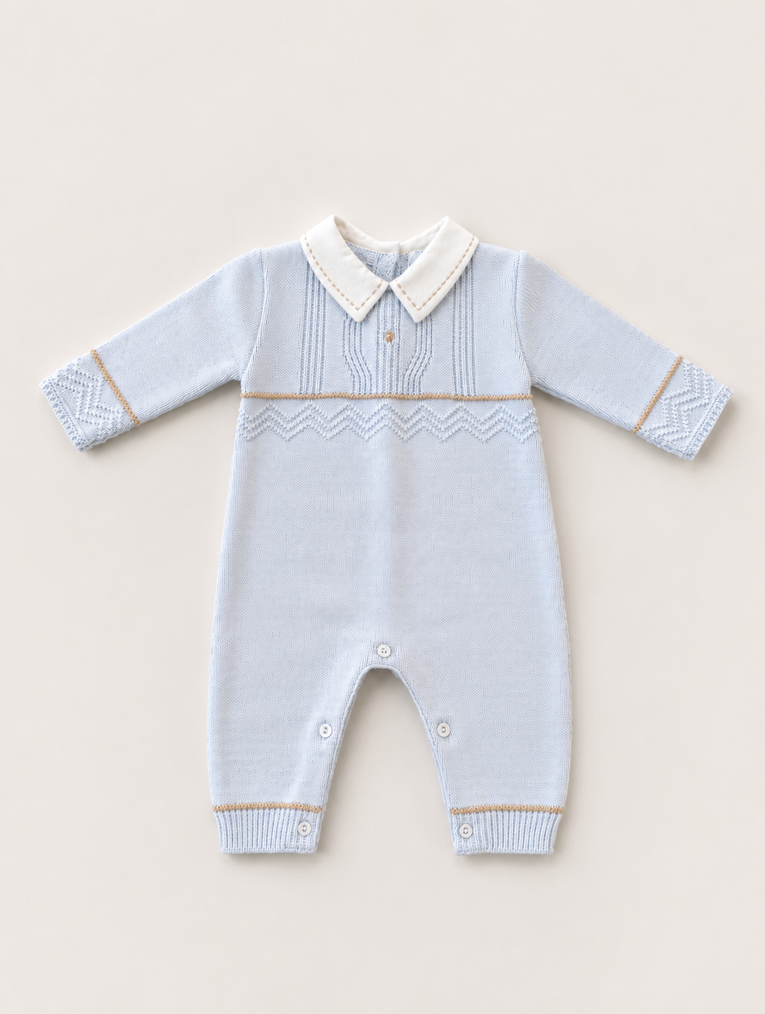 Blue Knit Baby Boy Romper with Peter Pan Collar