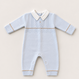 Blue Knit Baby Boy Romper with Peter Pan Collar