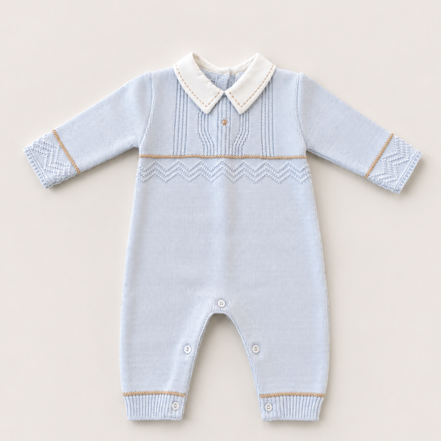 Blue Knit Baby Boy Romper with Peter Pan Collar